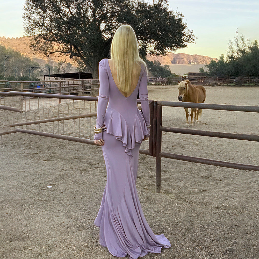 Spring Summer Sexy Backless Women Dress Elegant Ruffles Slit Slim Fitting Dress by Ragazza