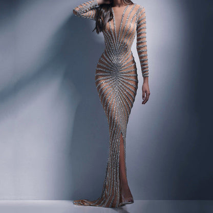 Spring Rhinestone Women Clothing Mesh See through Long Sleeve Split Maxi Dress by Ragazza