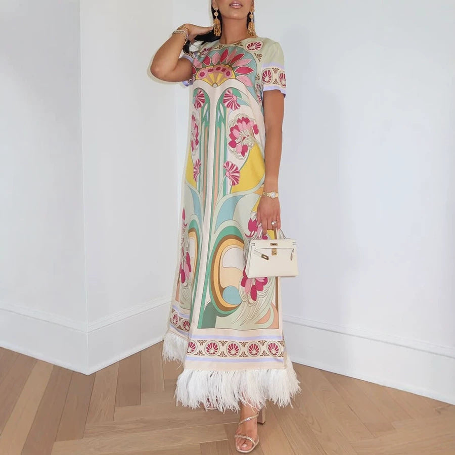 Spring Summer Satin Positioning Printed Feather Dress Short Sleeve Loose Dress for Women by Ragazza