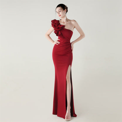 One Shoulder Craft Wave the Craft of Design Gross Satin High Slit Sexy Evening Dress Dinner Party Wedding Social Networking by Ragazza