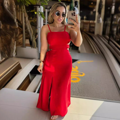 Women Solid Color Sleeveless Split Hip Strap Backless Dress by Ragazza