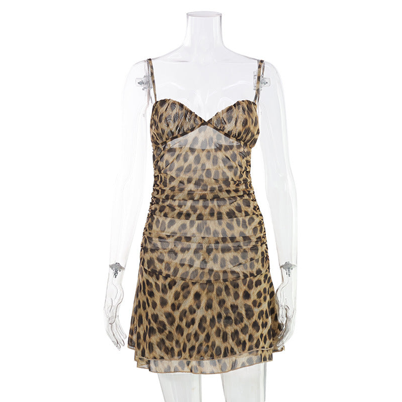 Sexy Low Cut Sling Leopard Print Slim Slimming Sexy Short Dress for Women  DestGlow