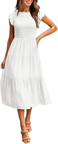 Women Clothing Popular Pinfei Flounced Sleeve Pleating Layered Short Sleeve Large Swing Dress by Ragazza