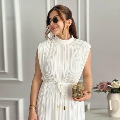 Women Clothing Spring Summer Simple Half Turtleneck Waist-Controlled Lace up Mid Length Dress by Ragazza