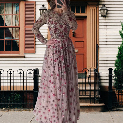 Summer Sexy Slim Fit Slimming Mid Length Long Sleeve Waist Tight Three Dimensional Floral Large Swing Dress  DestGlow