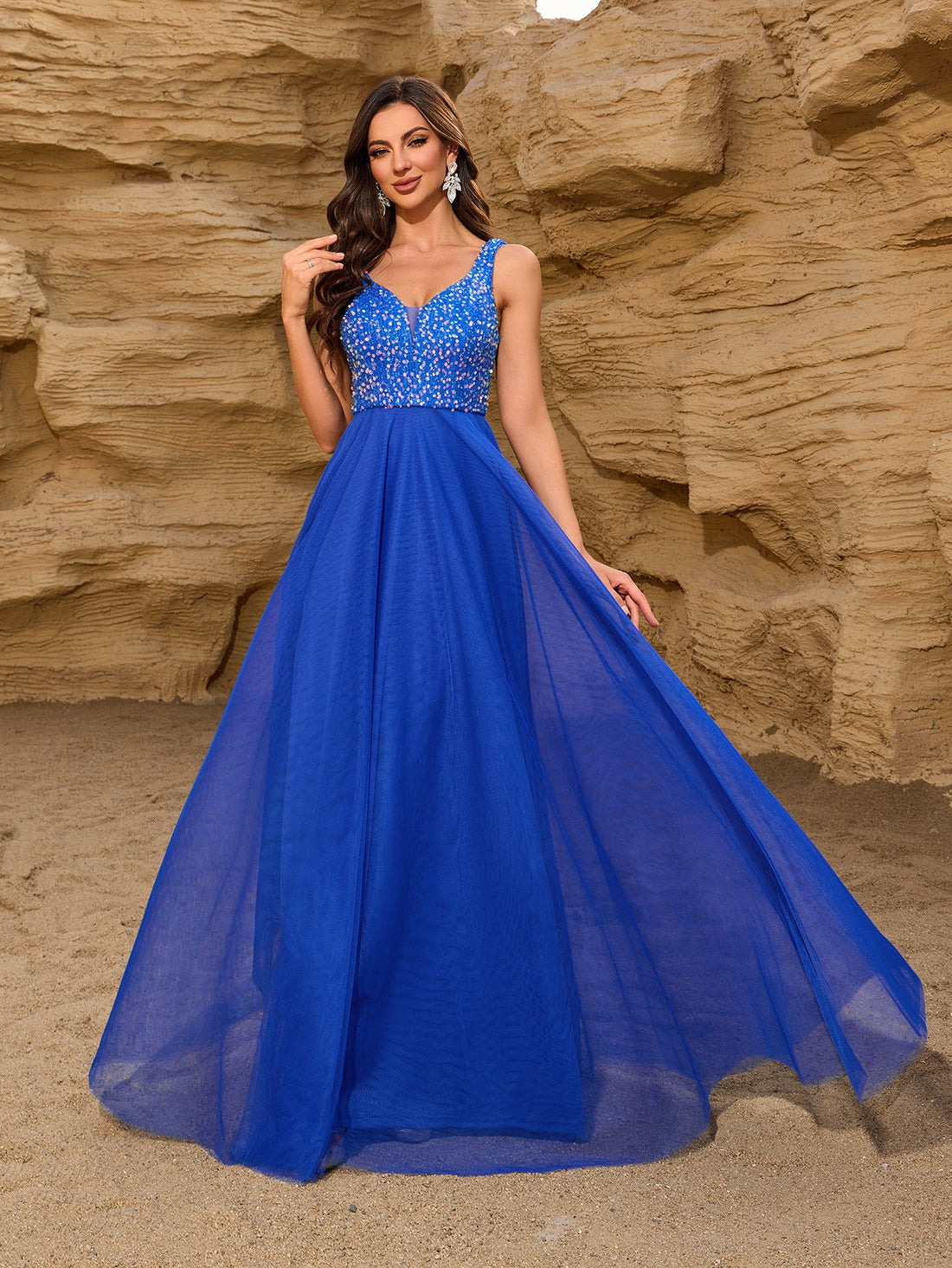 Elegant Sequin Stitching Mesh Double Collar Party Dress Sleeveless Large a Hem Full Lining Maxi Dress Prom by Ragazza