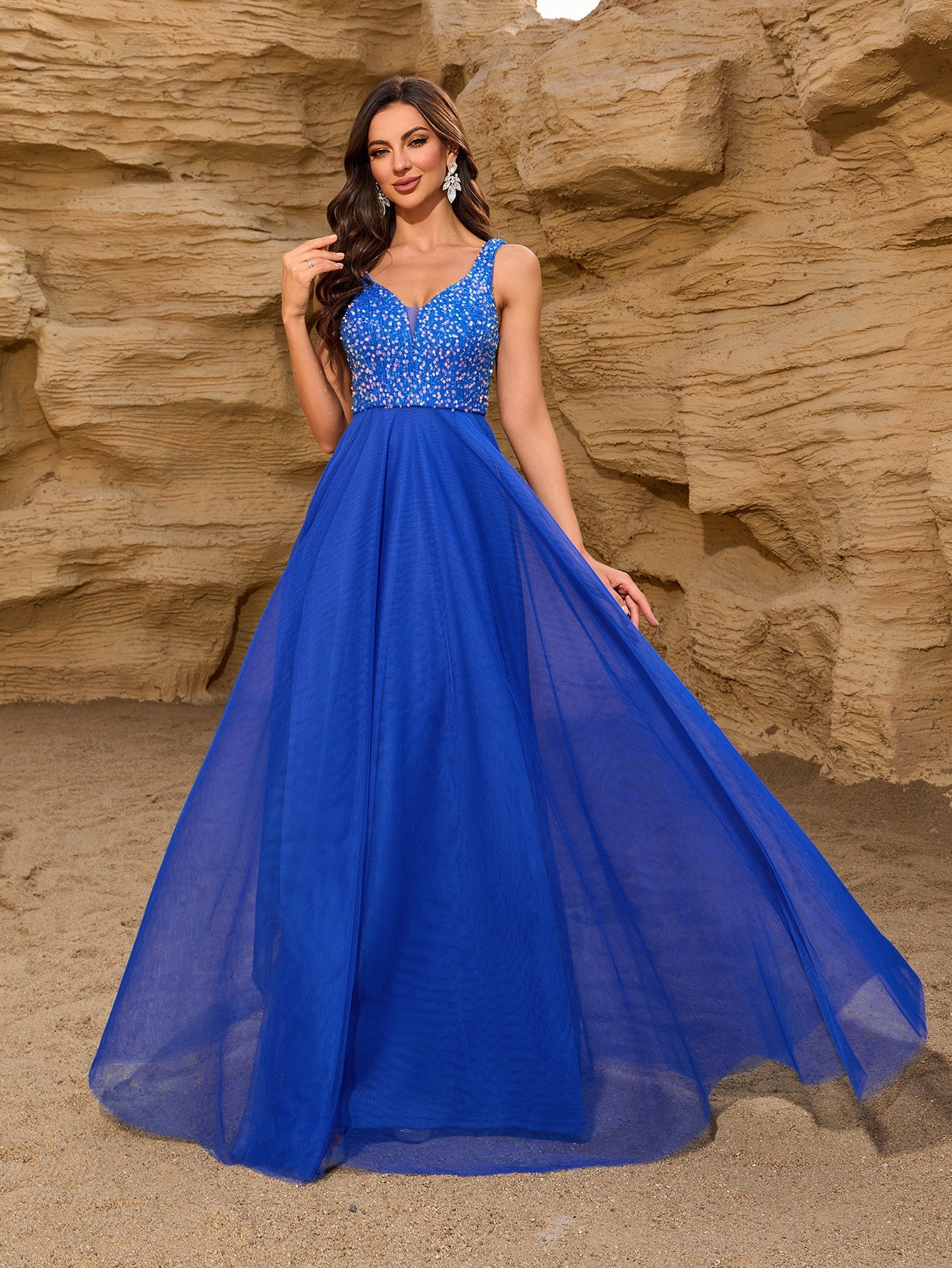 Elegant Sequin Stitching Mesh Double Collar Party Dress Sleeveless Large a Hem Full Lining Maxi Dress Prom by Ragazza
