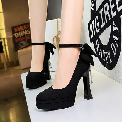 French Wind Black Cocktail round Head Super High Heel Platform Women Shoes Back Bow Rhinestone Shoes  DestGlow