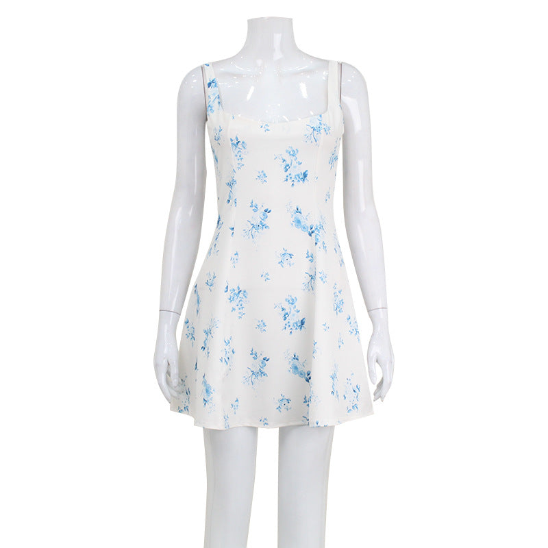 Summer Women Printing Slip Dress Square Collar Backless Fresh Sweet Floral A Line Dress by Ragazza