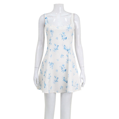 Summer Women Printing Slip Dress Square Collar Backless Fresh Sweet Floral A Line Dress by Ragazza