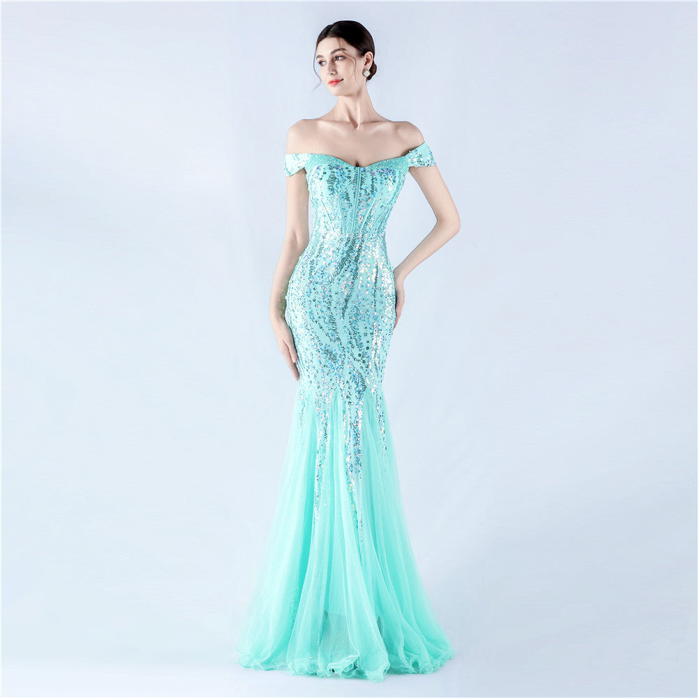 Dress Craft Beaded Mesh Sequin Evening Dress Annual Meeting Performance Host by Ragazza