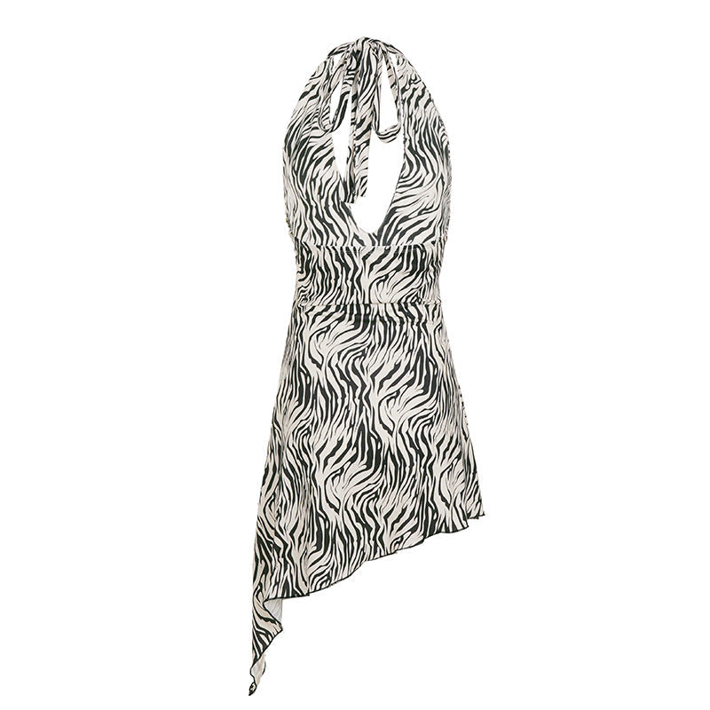 Animal Print Irregular Asymmetric Backless Deep V Plunge Halter Dress Street Sexy by Ragazza
