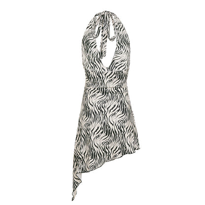 Animal Print Irregular Asymmetric Backless Deep V Plunge Halter Dress Street Sexy by Ragazza