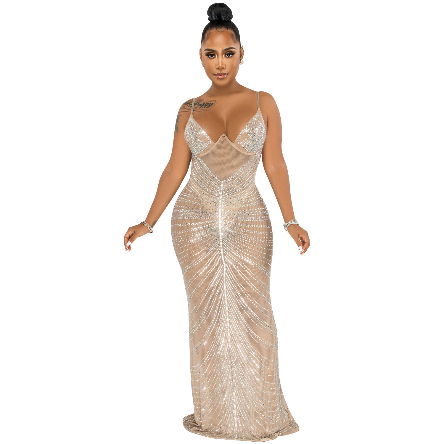 Rhinestone Sexy Spaghetti Straps Corset Mesh See through Maxi Dress by Ragazza