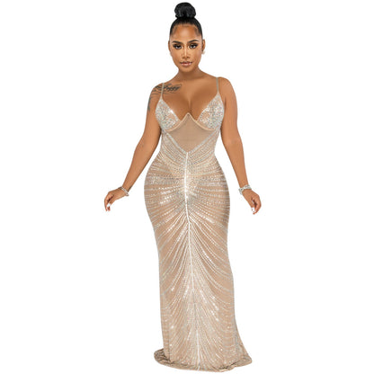 Rhinestone Sexy Spaghetti Straps Corset Mesh See through Maxi Dress by Ragazza