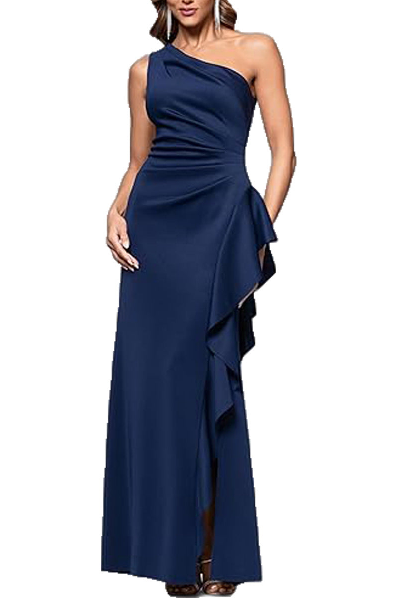 One Shoulder Elegant Solid Color Slim Waist Split Fishtail Side Ruffled Evening Dress by Ragazza