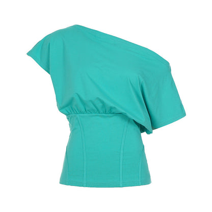 Sexy Waist Split Solid Color Short Sleeve Shoulder T shirt Sexy Street Casual Top by Ragazza