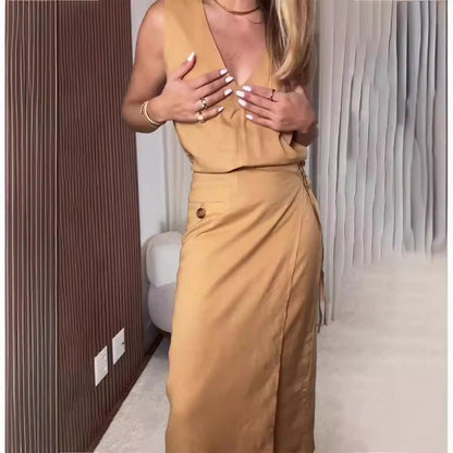 V Neck Sleeveless Irregular Asymmetric Lace Up Slim Dress Faux Two Piece Split Women Clothing by Ragazza