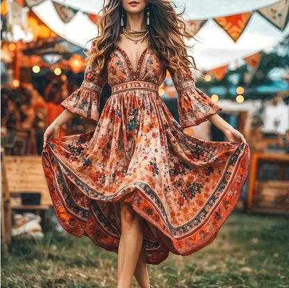 Women Clothes Printed Bohemian V neck Maxi Dress by Ragazza