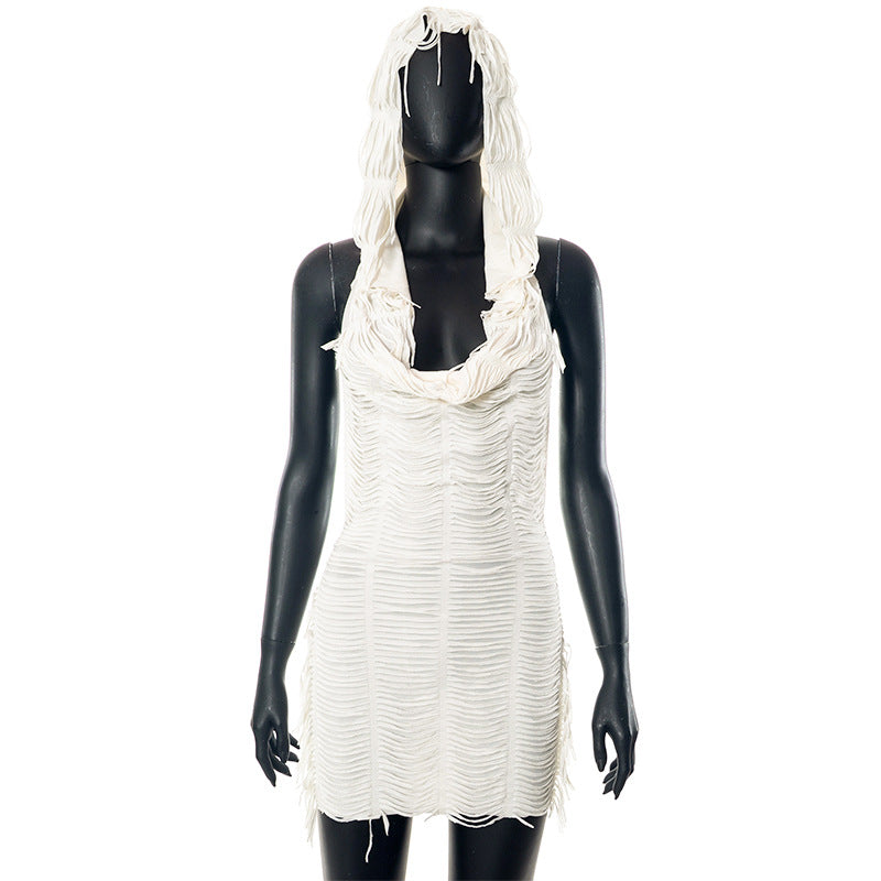 Women Summer Solid Color Casual Sleeveless Hooded Tassel Slim Short Dress by Ragazza