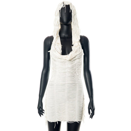 Women Summer Solid Color Casual Sleeveless Hooded Tassel Slim Short Dress by Ragazza