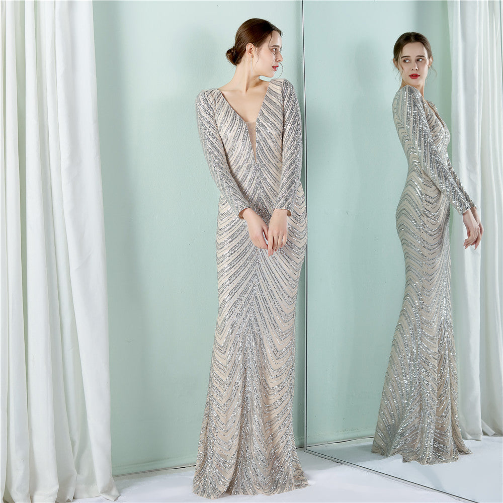 Positioning Floral Sequin Evening Dress Women Banquet Elegant Long Sleeve Sequined Queen Fishtail Dress by Ragazza