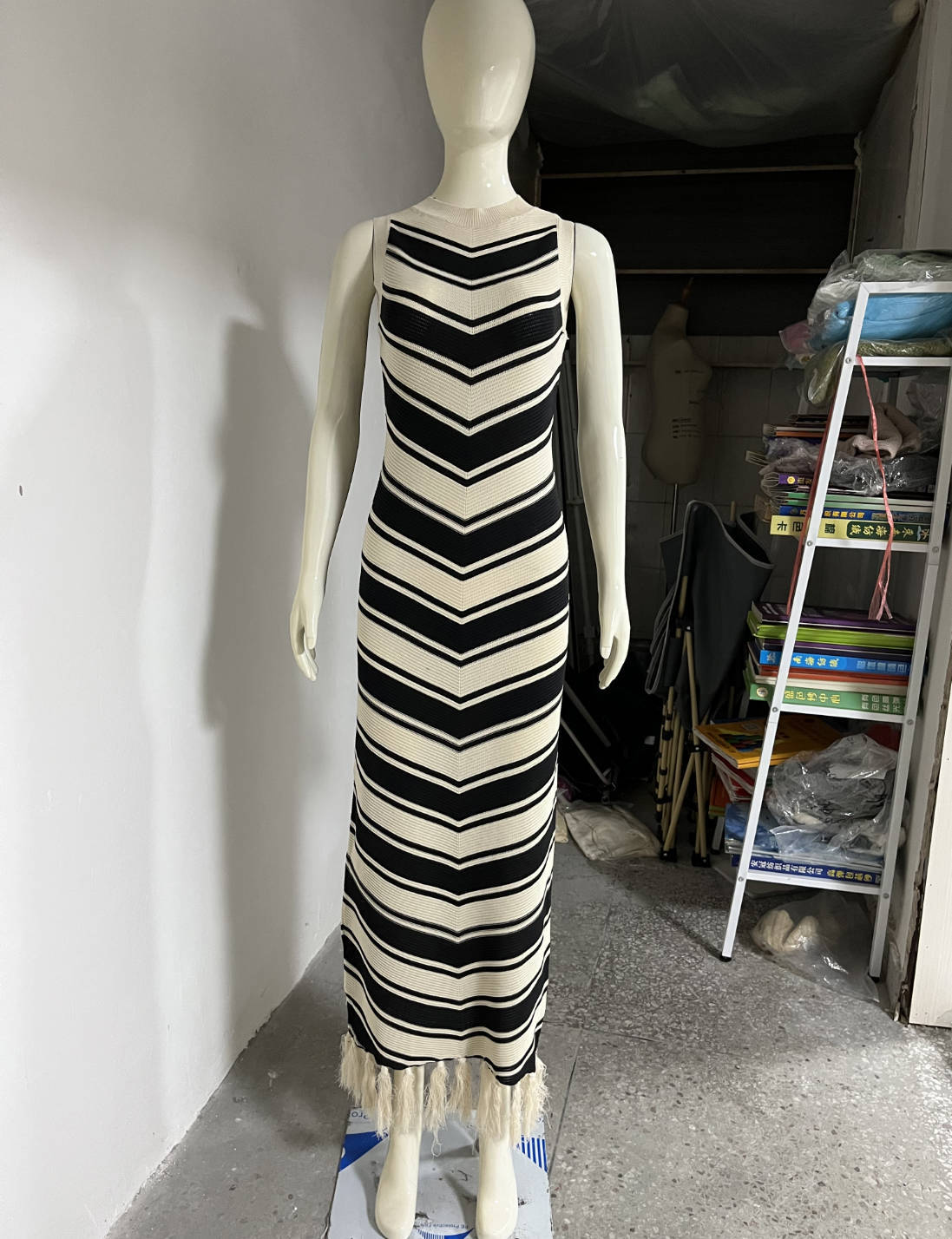Sexy Tight Striped Tassel Knitted Dress Women Sleeveless Summer Midi Dress by Ragazza