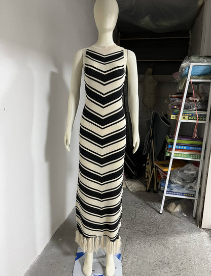 Sexy Tight Striped Tassel Knitted Dress Women Sleeveless Summer Midi Dress by Ragazza