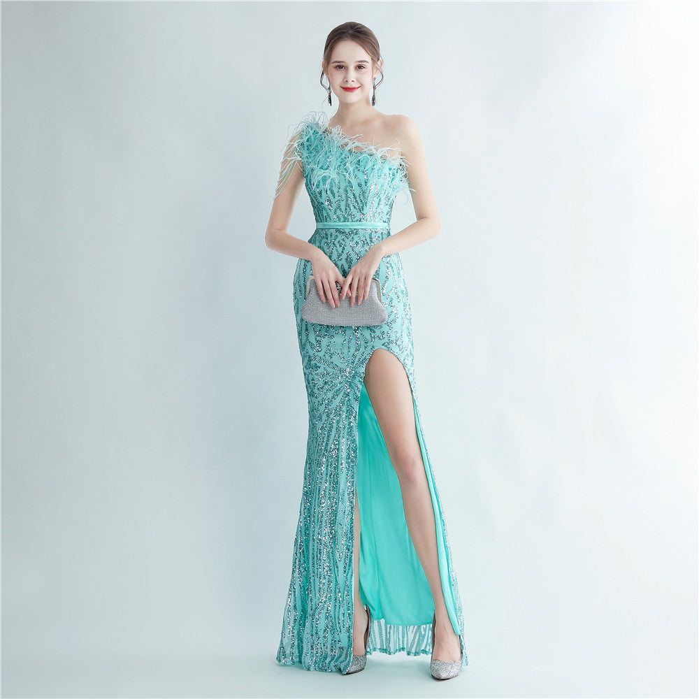 Heavy Industry Ostrich Hair Craft Beading Hair Oblique Shoulder Side Slit High End Evening Dress by Ragazza
