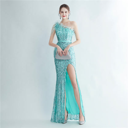 Heavy Industry Ostrich Hair Craft Beading Hair Oblique Shoulder Side Slit High End Evening Dress by Ragazza
