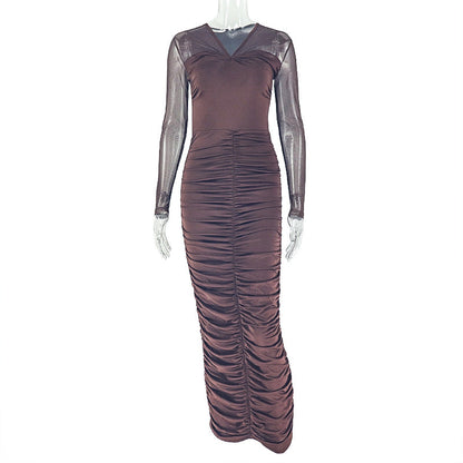 Women Clothing Pleated Slim Fit Elegant V neck Hip Dress Long Sleeve Solid Color Street Step Dress by Ragazza