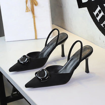 French Office Square Buckle Pointed Toe Suede Small Clear Back Empty Strap Stiletto Heel Women Shoes  DestGlow