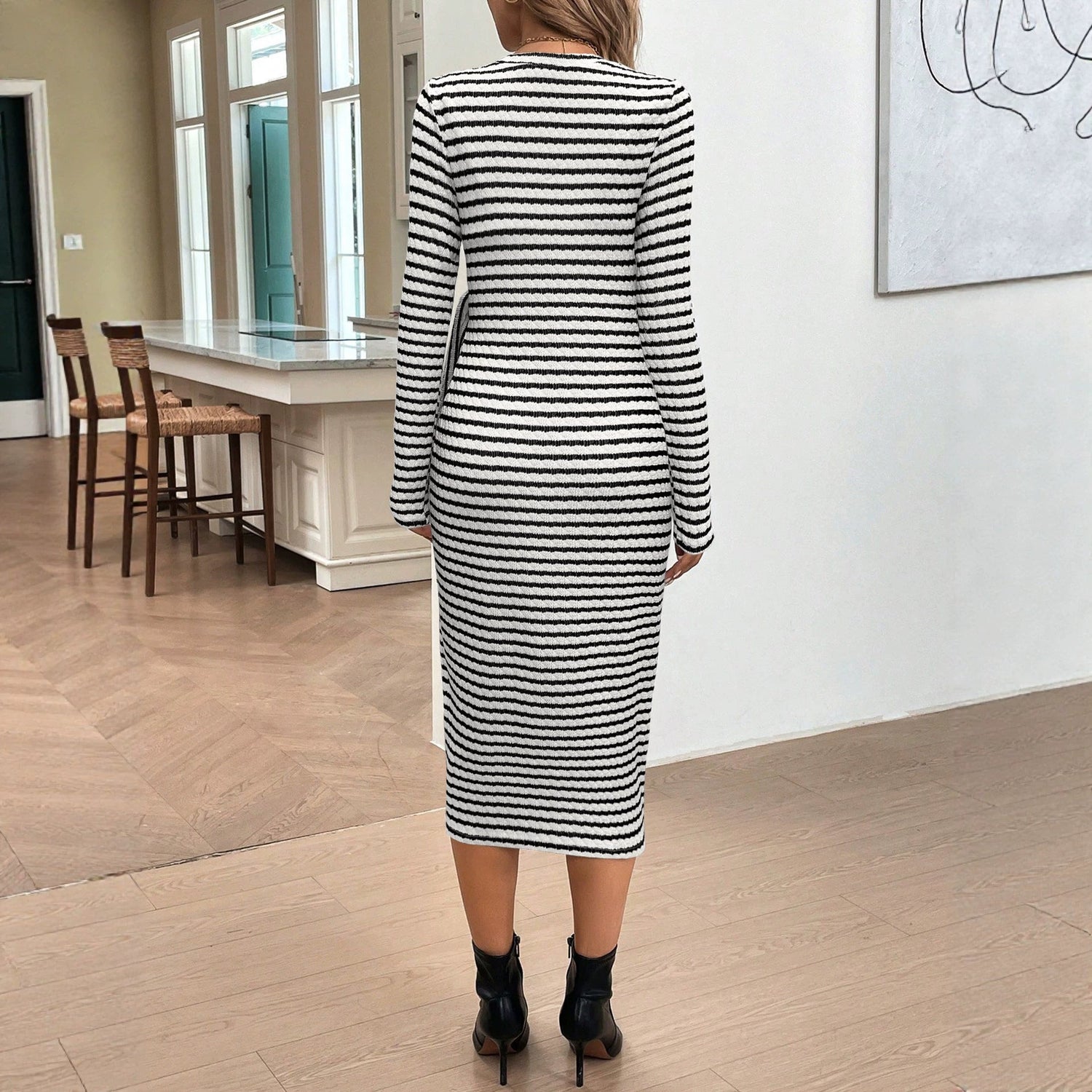 Spring Autumn French Slim Fit Black White Striped Long Sleeve Slim Dress Bow Lace Up Slits Design Date Dress  DestGlow
