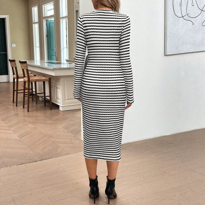 Spring Autumn French Slim Fit Black White Striped Long Sleeve Slim Dress Bow Lace Up Slits Design Date Dress  DestGlow