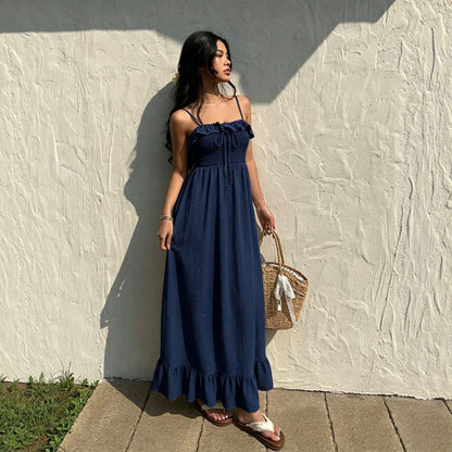 Ruffled Spaghetti Straps Dress Women Summer Tight Waist Slim Backless Long Vacation  DestGlow
