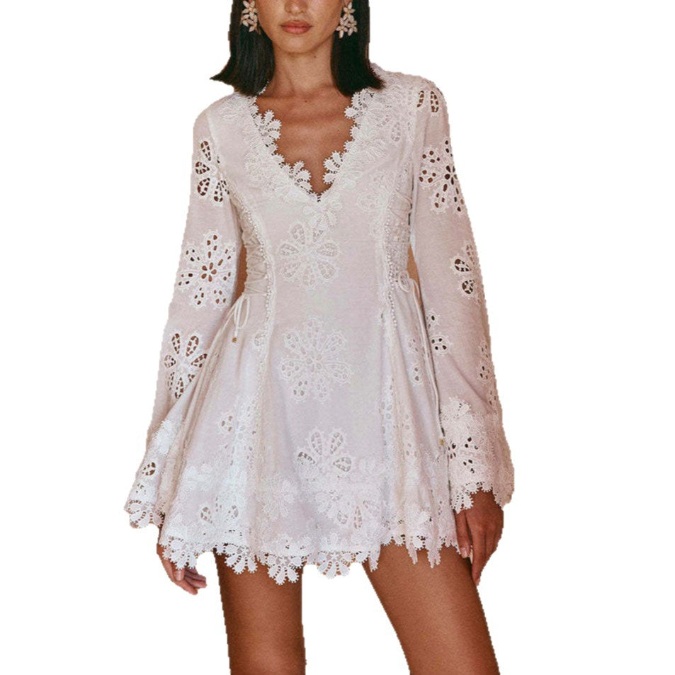 Long Sleeve Tied Lace V neck Slim Fit Dress by Ragazza