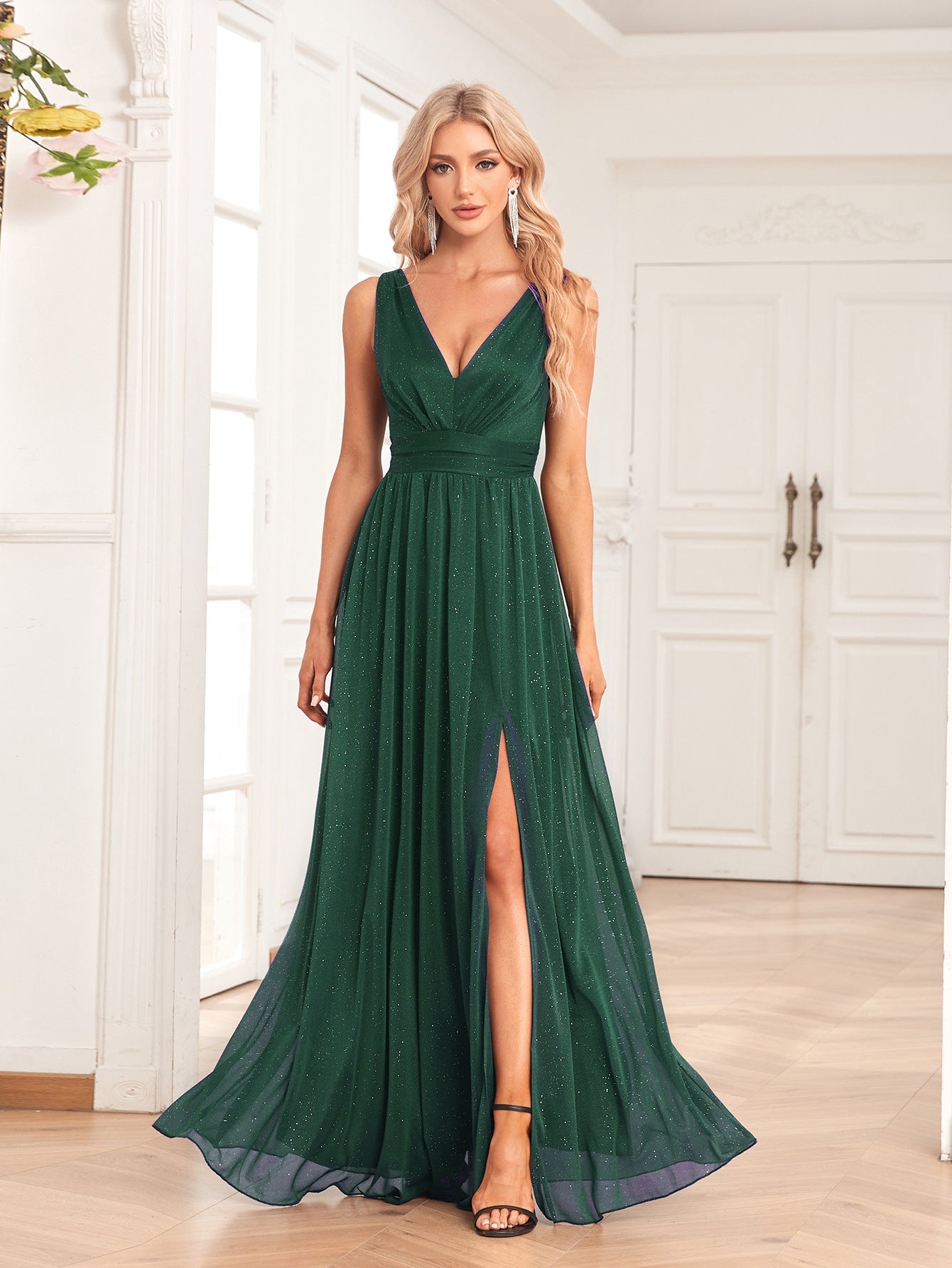 Sparkling Chiffon Sleeves Evening Dress Double V Neck A Line Bridesmaid Party Dress Side Slit Mopping by Ragazza