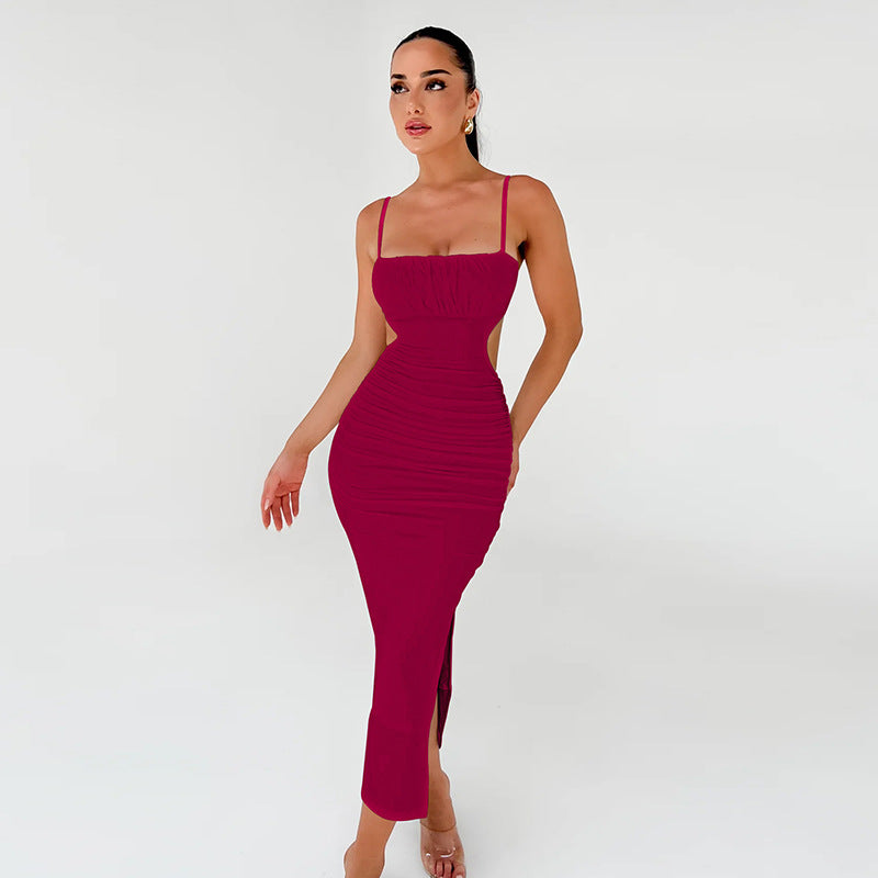 Women Cami Dress Sexy Backless Ruffle Hip Side Slit Maxi Dress by Ragazza