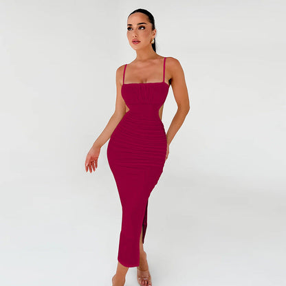 Women Cami Dress Sexy Backless Ruffle Hip Side Slit Maxi Dress by Ragazza