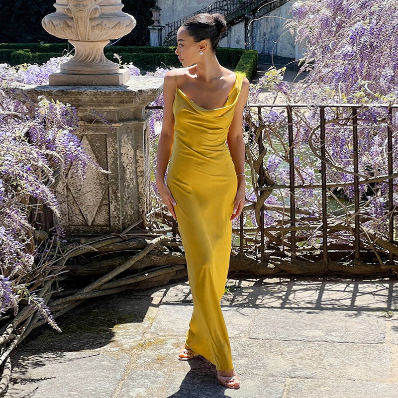 Sling Pockets Collar Sexy Backless Satin Formal Dress Elegant Evening Dress  DestGlow