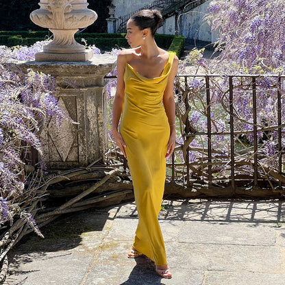 Sling Pockets Collar Sexy Backless Satin Formal Dress Elegant Evening Dress  DestGlow