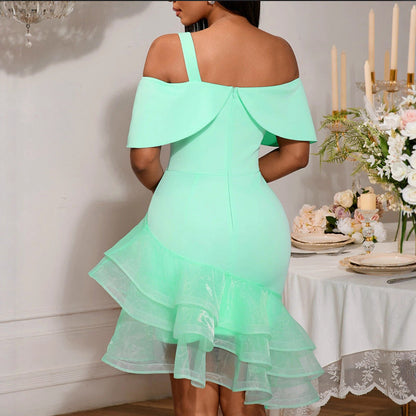 Sexy One Shoulder Irregular Asymmetric Hip Wrapped Dress Bowknot off the Shoulder Waist Party Bridesmaid Dress  DestGlow