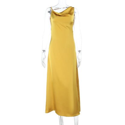 Sling Pockets Collar Sexy Backless Satin Formal Dress Elegant Evening Dress  DestGlow