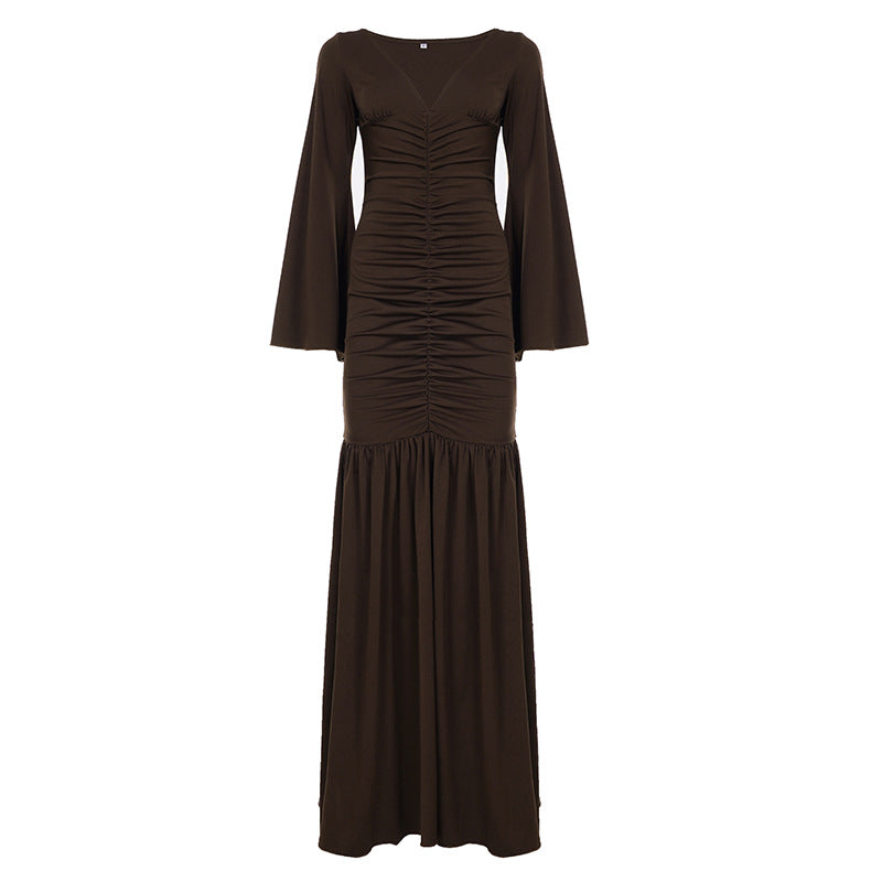 Elegant Deep V Plunge neck Pleated Mesh Patchwork Flared Sleeves Cocktail Dress Mop Formal Dress by Ragazza