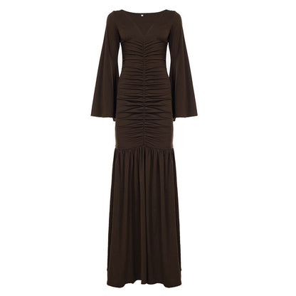 Elegant Deep V Plunge neck Pleated Mesh Patchwork Flared Sleeves Cocktail Dress Mop Formal Dress by Ragazza
