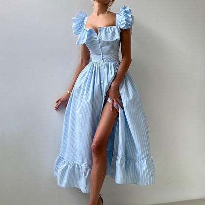 Striped Dress Summer Button Cardigan Waist Slimming Maxi Dress Flying Sleeves Dress Women by Ragazza