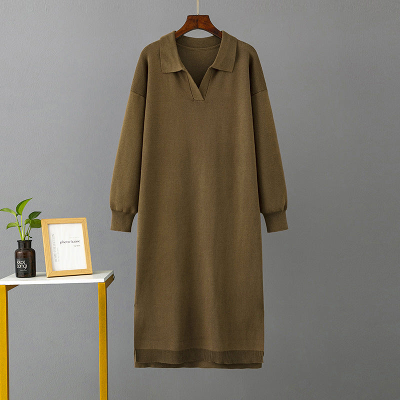Autumn Winter Polo Collar Base Knitting Loose Solid Color Women Dress by Ragazza