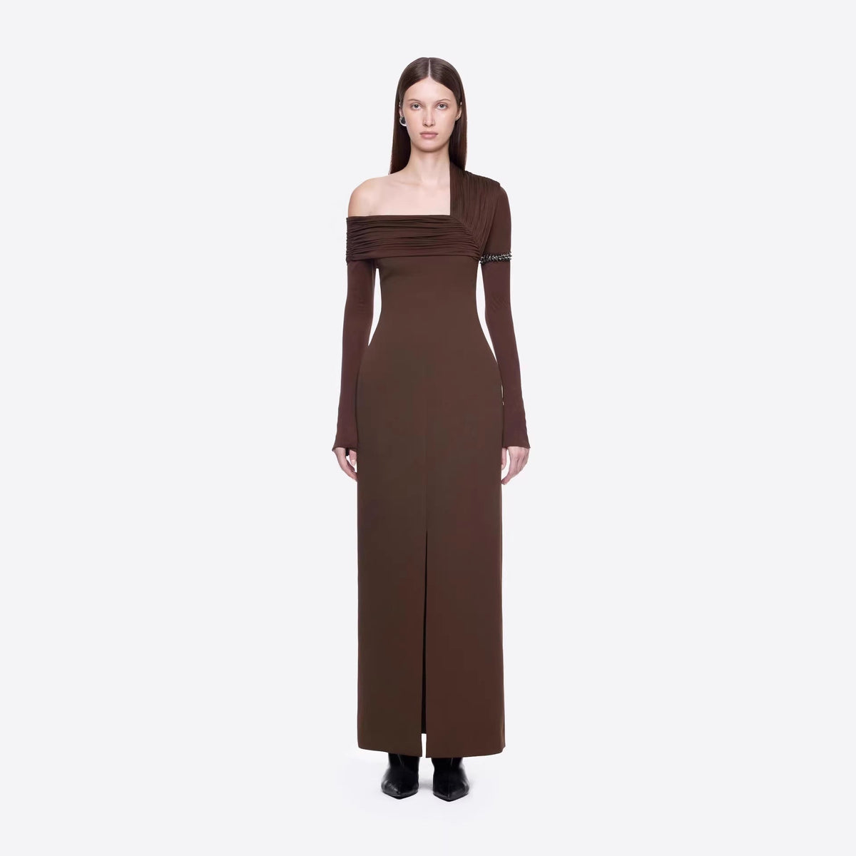 Spring Dark Brown One Shoulder Dress Pleated High Slit Maxi Dress the Dinner Party Host  DestGlow