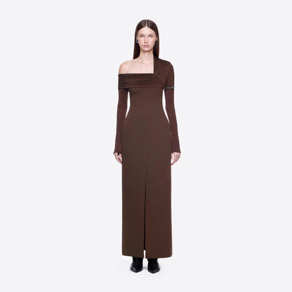 Spring Dark Brown One Shoulder Dress Pleated High Slit Maxi Dress the Dinner Party Host  DestGlow