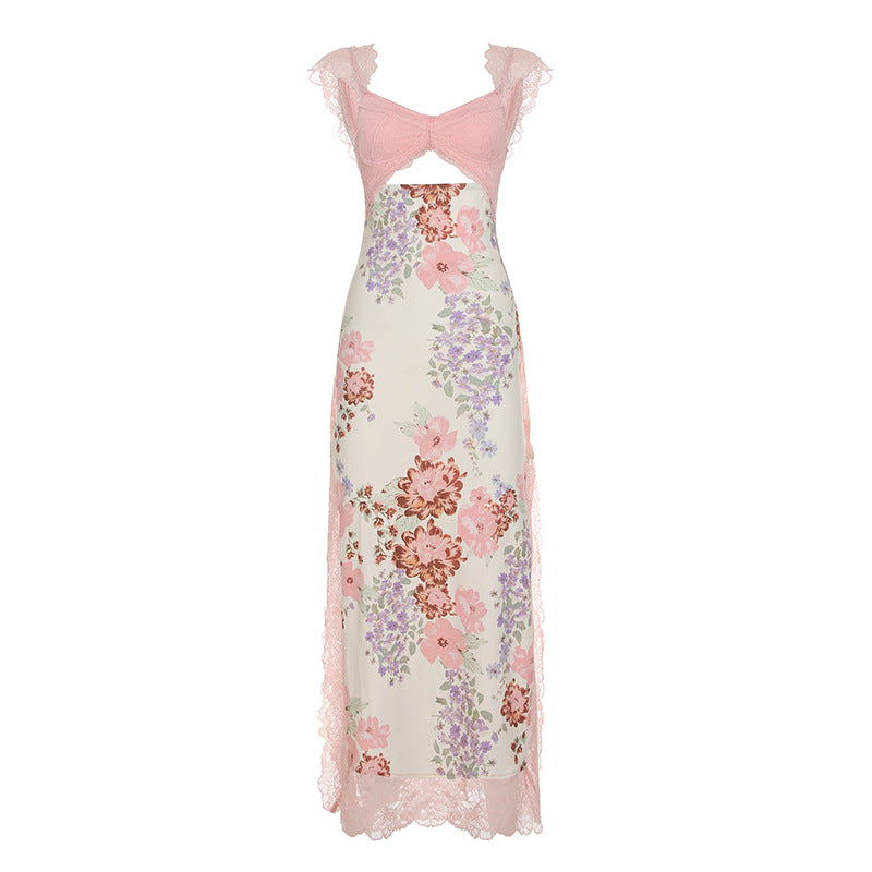 Vacation Sexy Lace Stitching Printed Irregular Asymmetric Slit Cutout Sling Dress Beach Dress by Ragazza